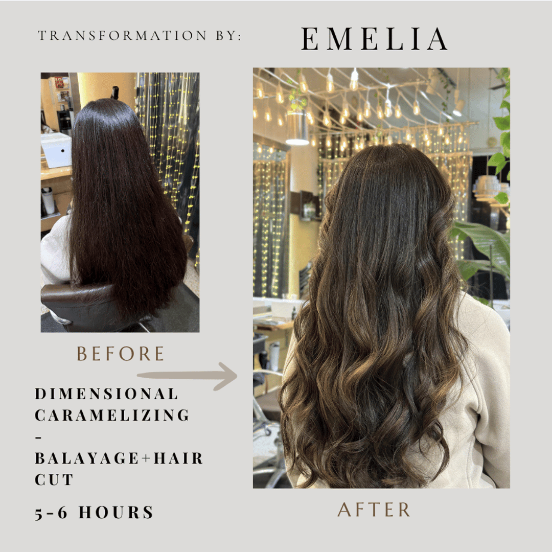 Balayage before and after — dimensional caramelizing by Emelia