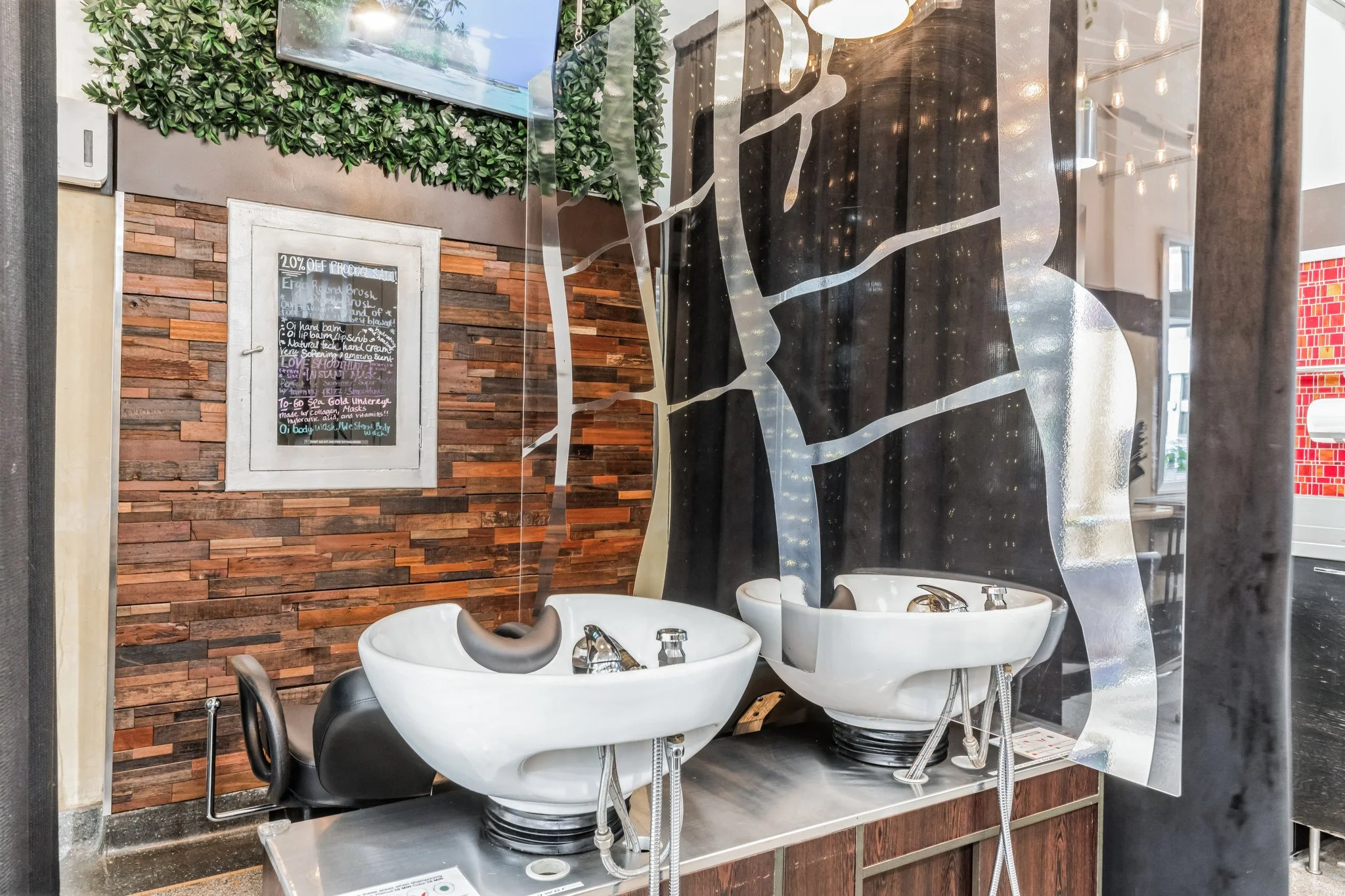 Shampoo bowls view of serene video wall