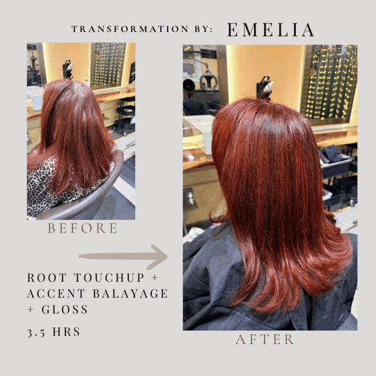 Gray coverage before and after — root touch-up and accent balayage by Emelia